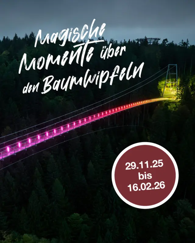In 2 Tagen ist es soweit: Der Lichterzauber erobert die WILDLINE! ✨

Zum allerersten Mal verwandelt sich die Hängebrücke ab dem 29.11.2025 bis 16.02.2026 in ein funkelndes Winter-Paradies – immer donnerstags bis sonntags, in den Weihnachtsferien sogar täglich (außer am 24.12., da gönnt sich die Brücke eine Pause), jeweils von 16–20 Uhr.Tausende Lichter lassen die Spannweite strahlen und tauchen Bad Wildbad in magischen Glanz. Ob mit Freunden, Familie oder Abenteuersuchenden: Genieße die winterliche Luft, den atemberaubenden Ausblick und das Spiel aus Licht, Höhe und Natur. Jeder Schritt sorgt für Gänsehaut und pures Glücksgefühl – hier wartet das nächste Winterabenteuer auf dich! 💫🌲❄️

Wen nimmst du mit über die leuchtende Brücke? Sichere dir deinen Termin und starte gemeinsam ins Lichtermeer! 🤩

👉🏼👉🏼👉🏼 Hier Tickets für die WILDLINE bestellen: https://wildline.de/tickets ODER schaue dir den Link in der Bio an.

#WILDLINE #Lichterzauber #Winterabenteuer #Schwarzwaldliebe #MagischeMomente